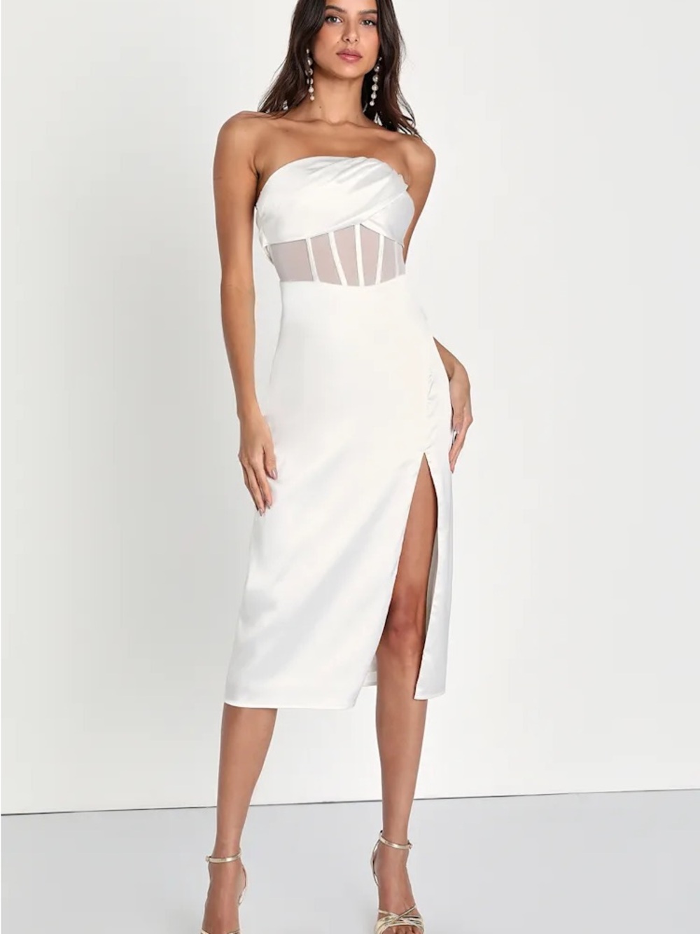 Lulu's Strapless White Midi Dress with Sheer Corset Panel and Thigh Slit